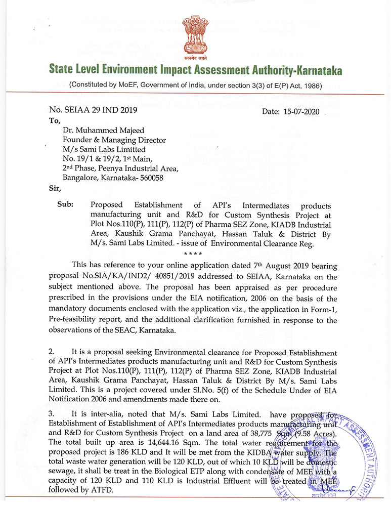 Environment Clearance from the Ministry of Environment & Forests for Sami Labs Hassan Unit