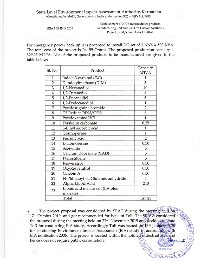 Environment Clearance from the Ministry of Environment & Forests for Sami Labs Hassan Unit