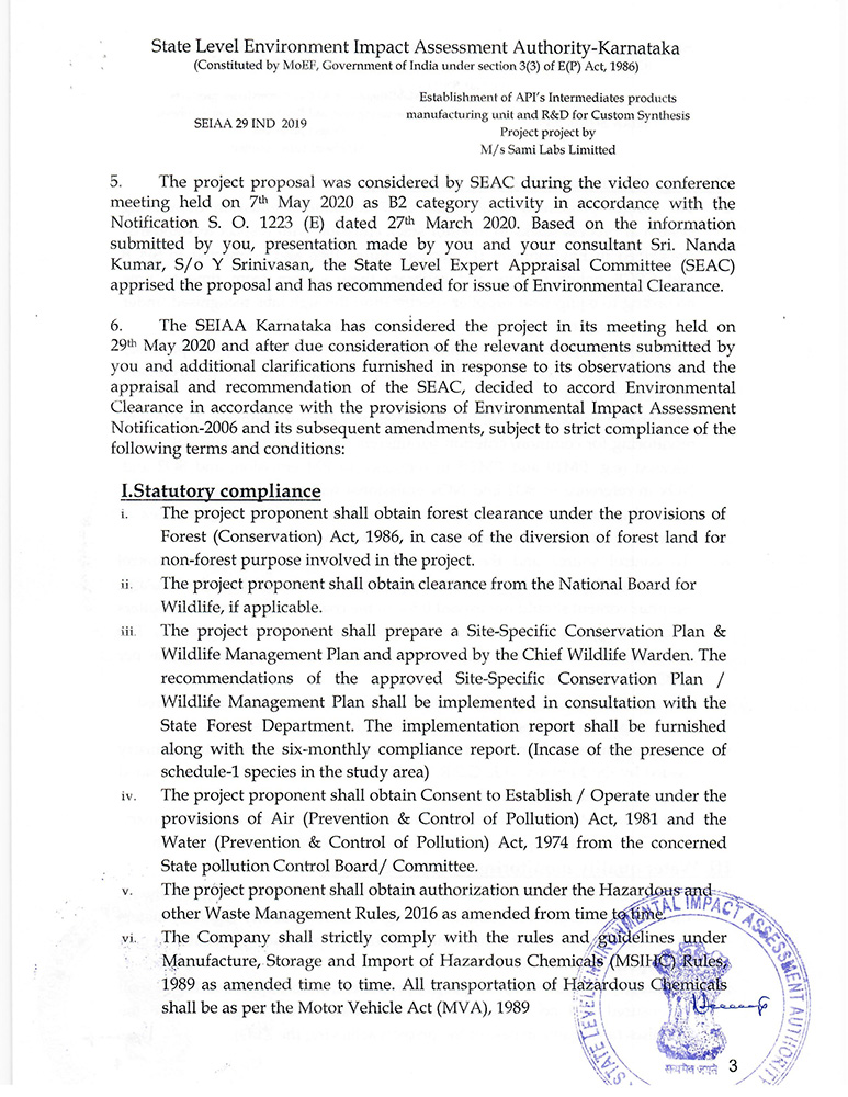 Environment Clearance from the Ministry of Environment & Forests for Sami Labs Hassan Unit