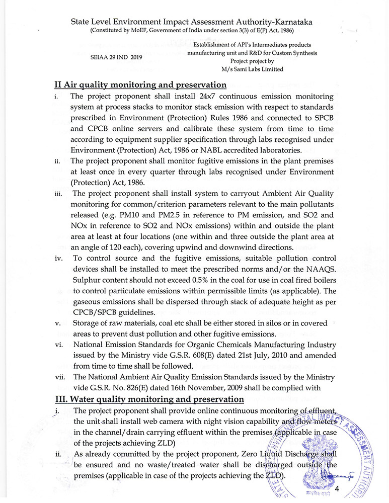 Environment Clearance from the Ministry of Environment & Forests for Sami Labs Hassan Unit