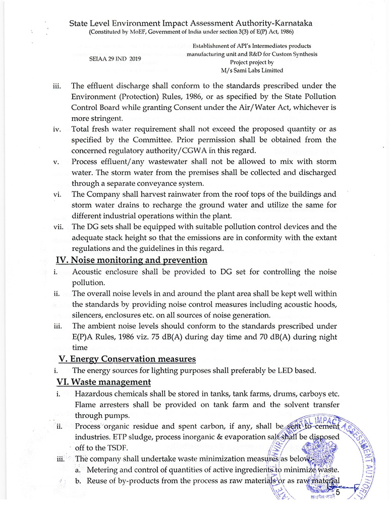 Environment Clearance from the Ministry of Environment & Forests for Sami Labs Hassan Unit