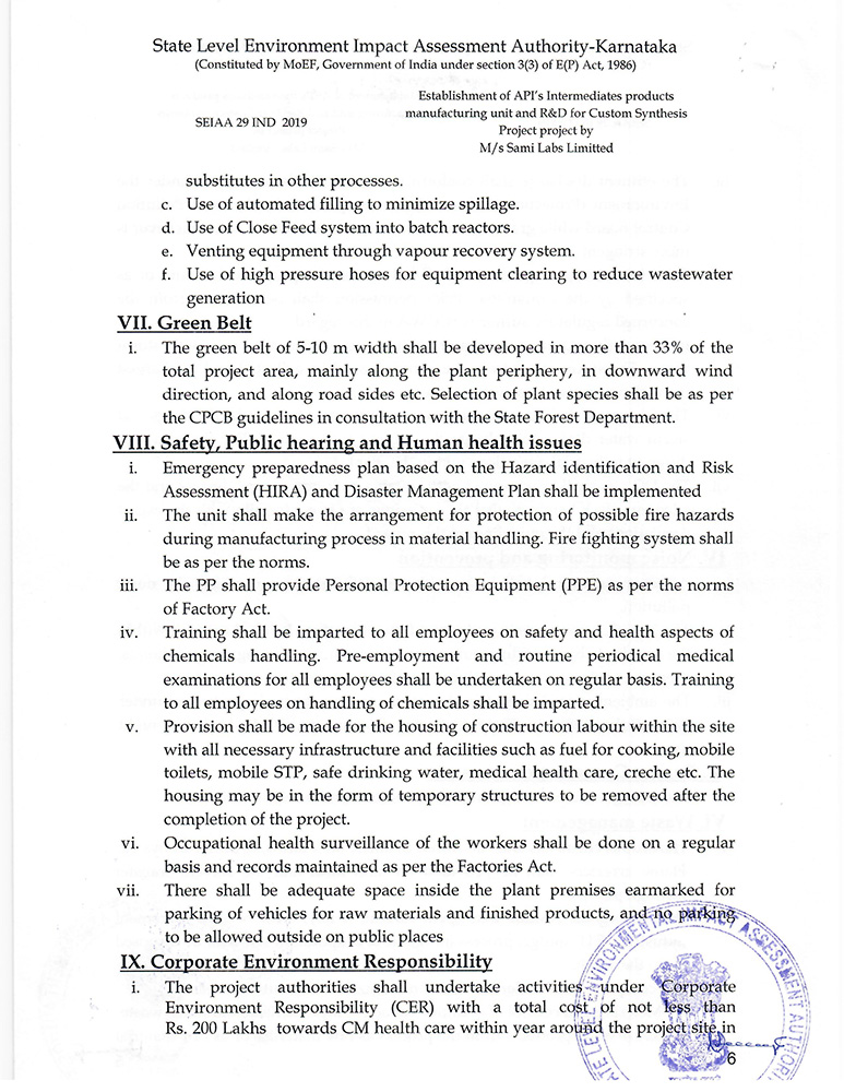 Environment Clearance from the Ministry of Environment & Forests for Sami Labs Hassan Unit