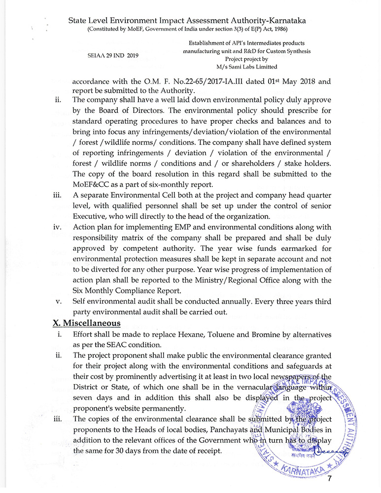 Environment Clearance from the Ministry of Environment & Forests for Sami Labs Hassan Unit