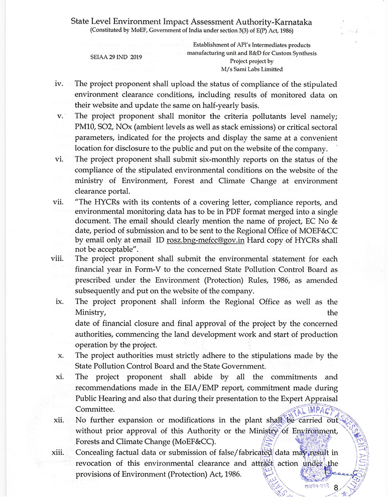 Environment Clearance from the Ministry of Environment & Forests for Sami Labs Hassan Unit