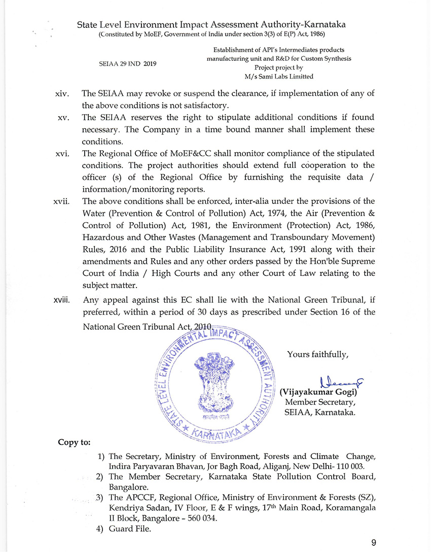 Environment Clearance from the Ministry of Environment & Forests for Sami Labs Hassan Unit