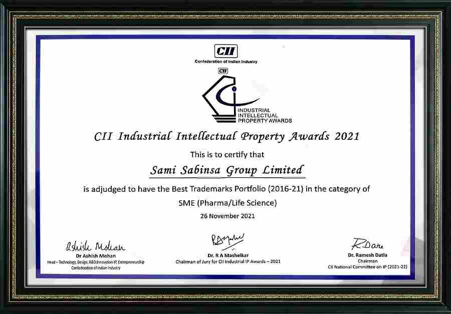 Sami-Sabinsa Group Recognized by Confederation of Indian Industry (CII) with Best Trademarks Portfolios at Industrial Intellectual Property Awards 2021