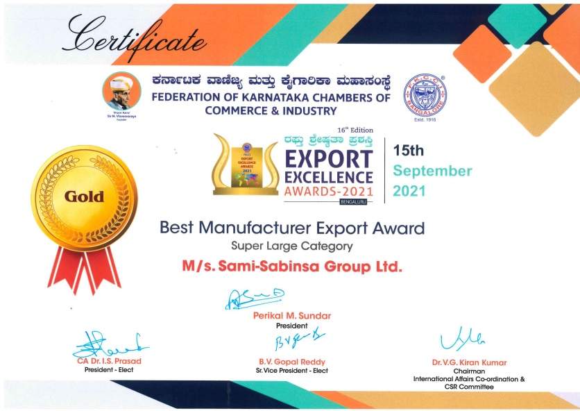 The Federation of Karnataka Chambers of Commerce and Industry (FKCCI) honoured the Sami-Sabinsa Group for its outstanding export performance during an award ceremony held in Bangalore on September 15, 2021. Sami-Sabinsa Group, received the Best Manufacturer Export Award in the Super Large Category for the year 2021. Shri. Murgesh Nirani, Minister for Large and Medium Industries, Government of Karnataka, presented the award.