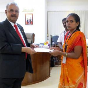 Dr. Majeed donates a sum of rupees one lac to support the education of the children of deceased employee Mr. Rajanna. The cheque was received by Mrs. Sunitha on 29th March 2019.